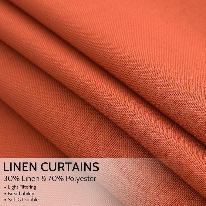 Linen Curtains, Bright Orange, 96 Inch Long | 8ft, For Living Room