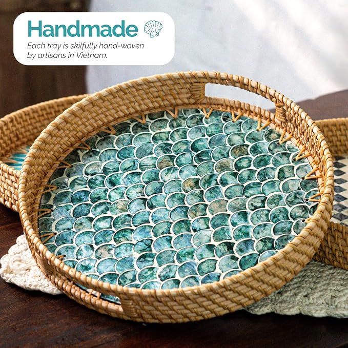 JUNGLE CULTURE Round Rattan Tray with Mother of Pearl Inlay • Cascade 12”
