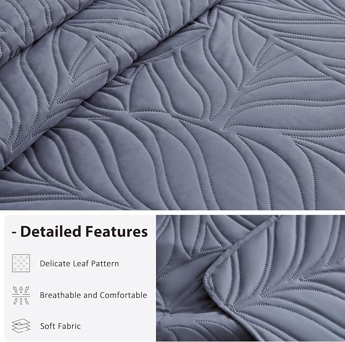 EXQ Home King Quilt Set Leaf Pattern Bluish Grey Bedspread | Soft Microfiber Bedspread, Breathable & Wrinkle-resistant Coverlet. All-season Use for Hot Sleepers. 3-pc Set with 2 Shams