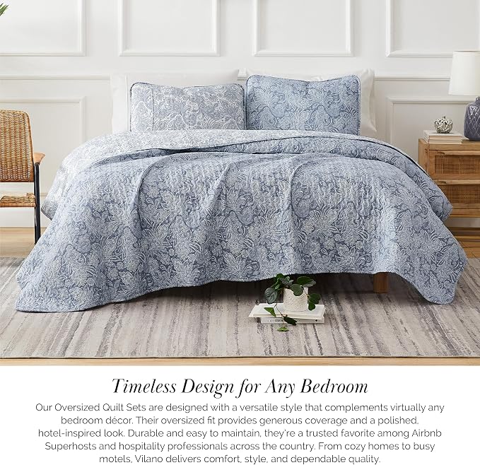 Southshore Fine Living, Inc. Paisley Quilt Queen Size Bedding Set, Full Size Quilted Coverlet, Boho Bedspreads Queen Size Set with Two Matching Pillow Shams, Full/Queen, Reversible Blue