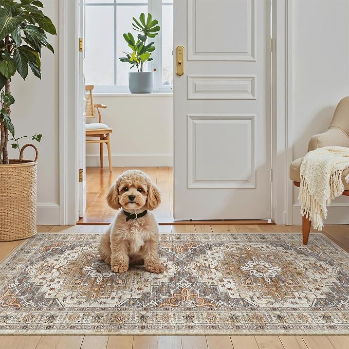 Madane Washable Area Rug 2x4, Small Entryway Rugs Non-Slip, Turmeric/Grey | Vintage Printed Door Mat Indoor Entrance, Low-Pile Floor Carpet Runner for Inside Front Bedroom Kitchen Entry Laundry, Stair