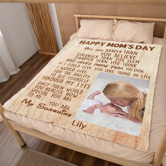 TURMTF Custom Photo Blanket with Name for Mom, Mothers Day Birthday for Mom from Daughter Son, Meaningful Soft Flannel Throw for Couch Bed Travel, Personalized Present for Mother