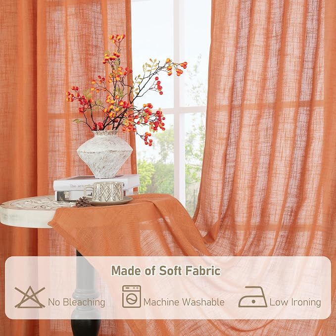 Semi Sheer Linen Curtains 45 Inches Long for Windows, 52 x 45 Inch | Light Filtering, Country Decor Drapes for Kitchen, Window Treatment, Bedroom, Rod Pocket Back Tab, Burnt Orange, 2 Panels