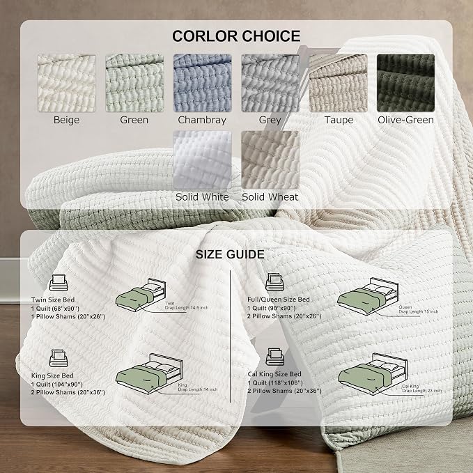 WDCOZY Taupe California King Size Quilt Set, 3 Pieces 118x106 inches | Oversized Cal King Bedspread, Channel Lightweight Farmhouse Coverlet, Thin Bedding Comforter for All Season, 2 Pillow Shams