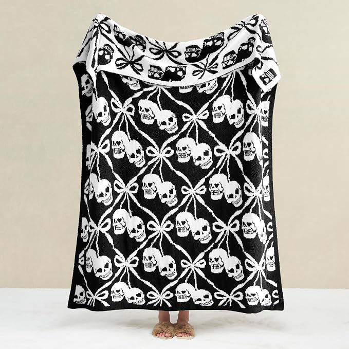 WDCOZY Halloween Throw Blanket Reversible Super Soft Knitted Blankets for Couch Bed Sofa Microfiber Warm Cozy Comfy Lightweight Fall Comfort Fluffy Fuzzy Knit Blanket Cute 60x80 Inches Skull & Bones