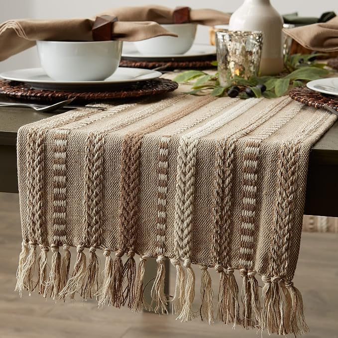 DII Farmhouse Braided Stripe Table Runner Collection, 15x72 (15x77, Fringe Included), Stone