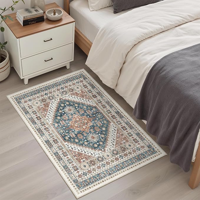 Madane Washable Area Rug 2x3 Small Entryway Rugs Non-Slip, Navy Blue | Vintage Stain-Resistant Door Mat Indoor Entrance, Low Pile Floor Carpet for Inside Front Bedroom Kitchen Entry Laundry, Stair