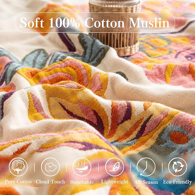 Phuryllic Boho Throw Blanket Throw Size, Soft Cozy Cotton Muslin Quilt Blanket for Bed Decor, Floral Patterned Couch Sofa Chair Cover, Vintage Farmhouse Cottage Tapestry Woven Blanket, Yellow&Blue