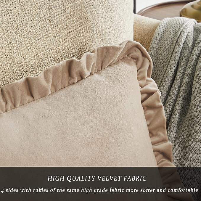 GIGIZAZA Champange Lumbar Throw Pillow Covers, 12x20 Decorative Velvet Ruffle Cushion Pillow Covers for Sofa Couch Set of 2