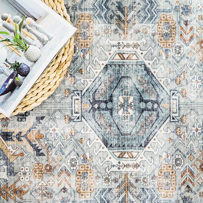 Washable Kitchen 3x8 Runner Rug - 3x8 Hallway Rug Distressed Mats Non-Slip Soft Room Floor Carpet for Dining Room (Grey/Blue, 3x8)
