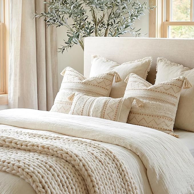 BlissBlush Decorative Lumbar Throw Pillow Covers 12x20 Combo Set of 2 Cream Neutral Rectangular Boho Accent Pillowcase Farmhouse Cushion for Couch Sofa Bedroom Living Home Décor Cover ONLY