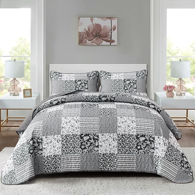 Mybedsoul Quilt California King Size, Patchwork Bedding Set, Black Grey | Soft Lightweight Microfiber Floral Boho Coverlet Set, 3 Pieces Plaid Bedspread, Bed Sets for All Seasons 110"x96"