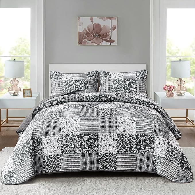 Mybedsoul Boho Quilts Queen Size, Patchwork Bedding Set, Black Grey | Soft Lightweight Microfiber Floral Coverlet Set, 3 Pieces Plaid Reversible Bedspread, Bed Sets for All Seasons 90"x96"