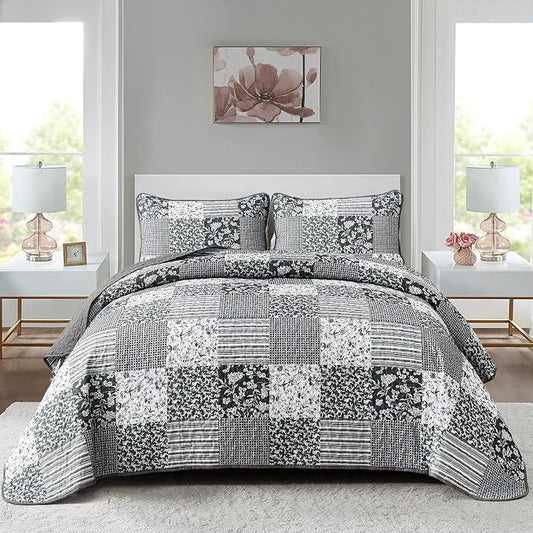 Mybedsoul Boho Quilts Queen Size, Patchwork Bedding Set, Black Grey | Soft Lightweight Microfiber Floral Coverlet Set, 3 Pieces Plaid Reversible Bedspread, Bed Sets for All Seasons 90"x96"