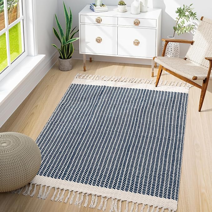 Lahome Boho Bathroom Rugs, 3x5 Washable Area Rug for Kitchen Bedroom Entry | Bath Door Mat with Tassels Woven Cotton, Farmhouse Navy Blue Lightweight Throw Carpet for Entryway Living Room Laundry Decor