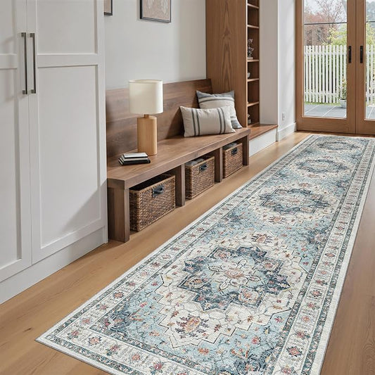 Madane Hallway Runner Rug 2'6''x12' Kitchen Runners Vintage, Blue | Non-Slip Washable Rugs 12ft for Laundry Room, Entryway and Bedroom, Soft Low Pile Stain-Resistant Wide 2.5x12 Ft Floor Carpet