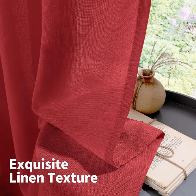 YoungsTex Red Linen Curtains 84 Inches Long for Living Room, Light Filtering Drapes with Grommet Semi Sheer Privacy for Bedroom Dining Room, 2 Panels, 52 X 84 Inch