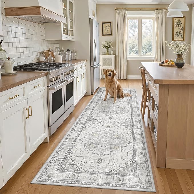 Madane Kitchen Runner 2'6''x8' Soft Rug Runners for Hallways, Grey | Vintage Machine Washable Rugs 2.5x8 Ft, Non-Slip Low Pile Stain-Resistant 8ft Floor Carpet for Laundry Room, Corridor