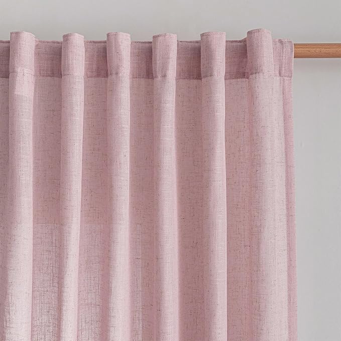 MYSKY HOME Extra Long Country Curtains for Sliding Glass Door Windows, Back Tab Semi Sheer Living Room Curtain Panels Ceiling to Floor Length Drapes Linen Texture Soft, 50 x 108 in, Pink, Set of 2