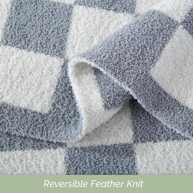 Elegant Comfort Premium Checkered Reversible Throw Blanket - Ultra Soft and Lightweight, Luxury Knitted Breathable Fleece for Couch, Bed, Sofa - Warm Velvet Fluffy Throw, 50 x 70 Inch, Gray