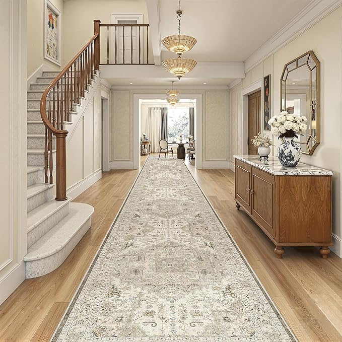 Madane Hallway Runner Rug 3x18 Washable Kitchen Runners 18ft, Ivory/Brown | Vintage Non Slip Extra Long Area Rugs for Hallways, Soft Low-Pile Farmhouse Wide Floor Carpet for Entryway Bathroom Bedroom