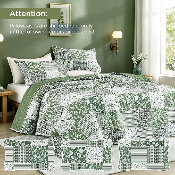 Litanika Floral Sage Quilt Queen - 3Pcs Botanical Birds Bedding Set | Patchwork Bedspread Summer Lightweight Soft Coverlet for All Seasons (96"x90")