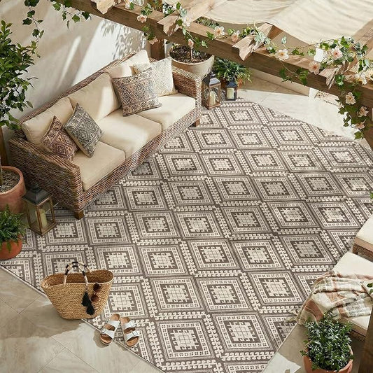 jinchan 8x10 Faux Jute Area Rug Washable Vintage Tile-Inspired, Stone Taupe | Vintage Geometric, Non-Slip, Low Pile, Indoor Outdoor, Natural Fiber Look, Living Room, Dining Room, Backyard, Bedroom, Patio