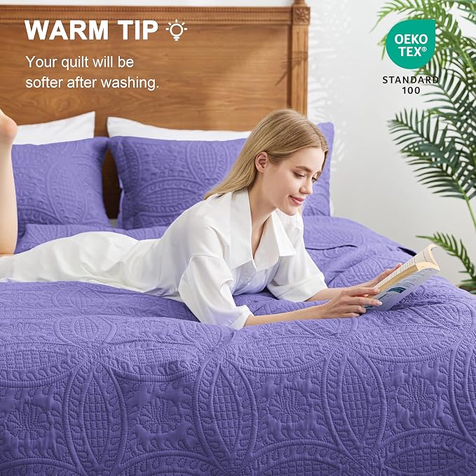 Love's cabin Oversized King Size Quilt Bedding Set Deep Purple Bedspreads - Oversized King Lightweight Bedspread Comforter - Coin Pattern Coverlet for All Season - 3 Pieces (1 Quilt, 2 Pillow Shams)