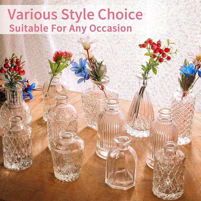 Vintage Flower Vase Set of 24, Clear Glass Bud Vases for Decor, Wedding, Party