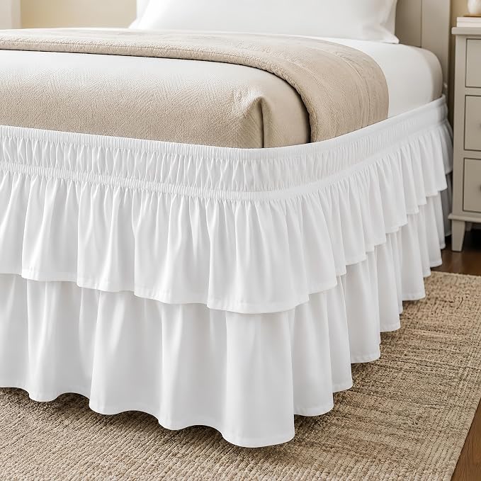 RIMELA Ruffle Bed Skirt Warm White King 18 Inch Drop, Elastic Wrap Around Bed Skirts King Size, Easy to Install Dust Ruffle, Machine Washable Soft Fabric, Multi Ruffle Bedskirt