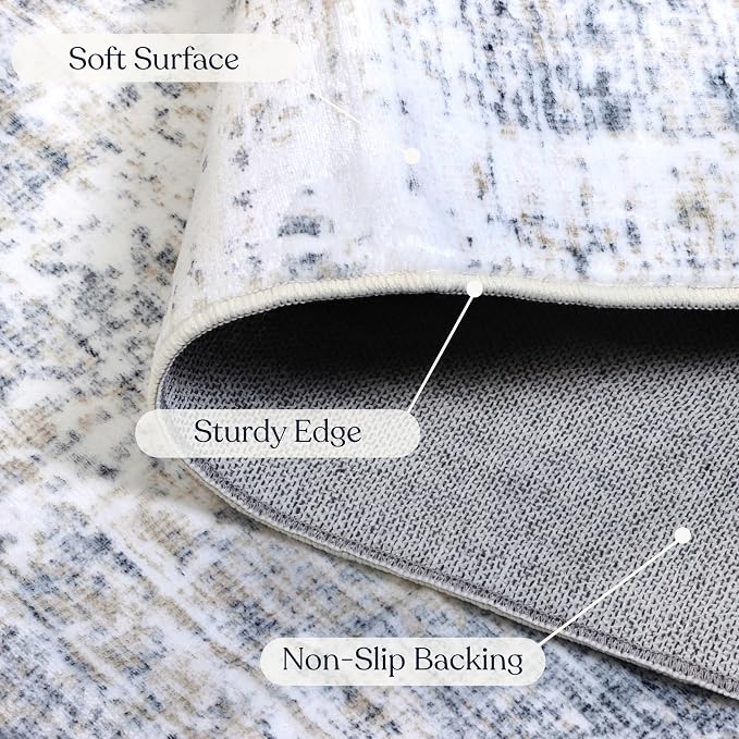 Machine Washable Area Rug, Soft & Durable, Non-Slip, Stain Resistant Rug for Bedroom, Living Room, Dining Room, High Traffic Areas. (Grey/Beige, 3' X 5')