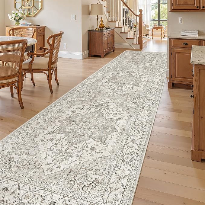 Madane Hallway Runner Rug 3x12 Washable Kitchen Runners 12ft, Beige/Brown | Vintage Non Slip Area Rugs for Hallways, Soft Low-Pile Thin Farmhouse Wide Floor Carpet for Entryway Foyer Bathroom Bedroom