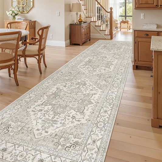 Madane Hallway Runner Rug 3x12 Washable Kitchen Runners 12ft, Beige/Brown | Vintage Non Slip Area Rugs for Hallways, Soft Low-Pile Thin Farmhouse Wide Floor Carpet for Entryway Foyer Bathroom Bedroom