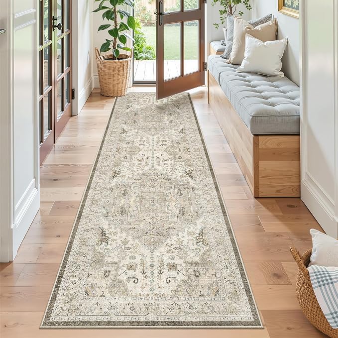 Madane Kitchen Runner Rug 2x7 with Rubber Backing Non Slip, Ivory/Brown | Vintage Ultra-Thin Machine Washable Hallway Rugs 7 ft, Soft Low-Pile Throw Carpet Runners for Bedroom Bathroom Laundry Room