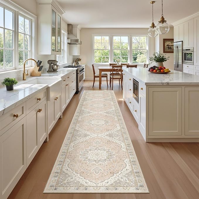 Madane Washable Runner Rugs 2x12 Long for Hallway Kitchen Long, Pink/Gray | Non-Slip Vintage Printed 12ft Rug Runners with Rubber Backing, Low-Pile Floor Carpet Laundry Room Entryway, Corridor