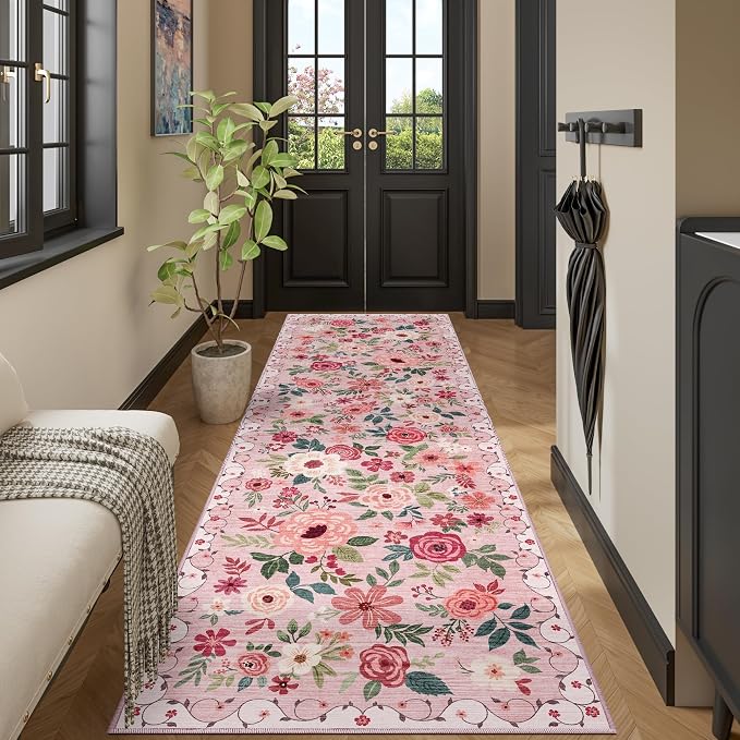 DUKINO 3x10 Runner Rug, Floral Washable Kitchen Runner Rug Non Slip, Pink | Soft, Low Pile, Stain Resistant Indoor Rug Runner for Hallway, Entryway, Bedroom, Bathroom, Modern Home Decor, Pet Friendly
