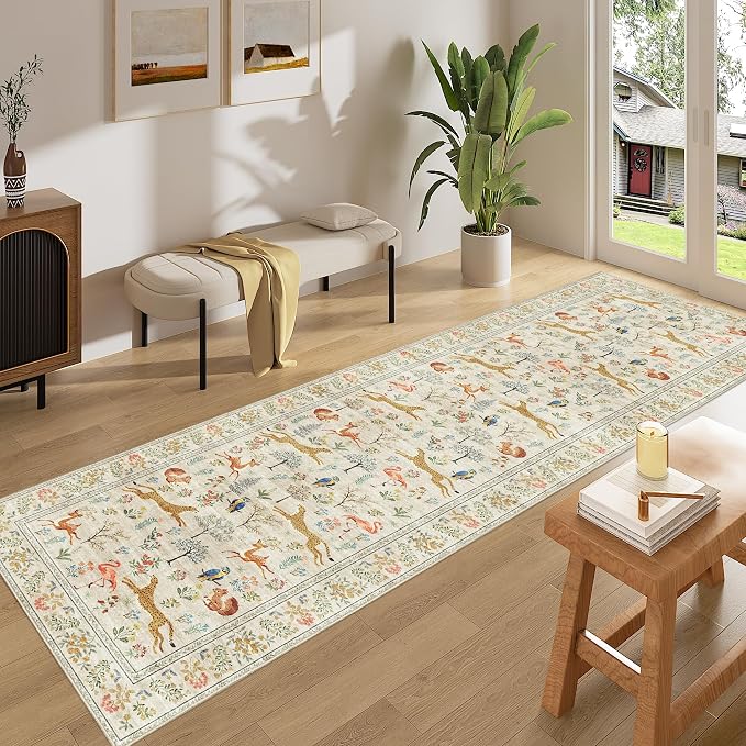 DUKINO 2x8 Washable Runner Rug, Non Slip Animal Kitchen Runner Rug, Beige | Soft, Low Pile, Non-Shedding Indoor Carpet Runner for Hallway, Entryway, Bedroom, Bathroom, Pet Friendly, Stain Resistant