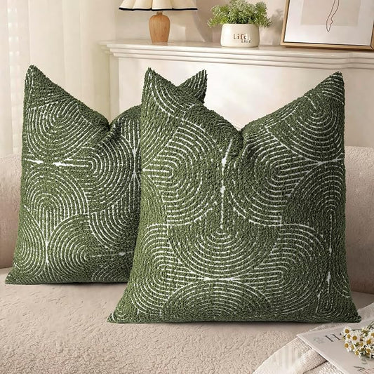 AELS Boho Decorative Textured Throw Pillow Covers 20x20, Modern Mid Century Rainbow Tufted Pillow Case, Farmhouse Rustic Geometric Woven Cushion Case for Bed Couch Sofa, Olive Green