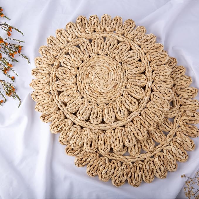 15" Corn Husk Woven Round Placemats Set of 4 - Wicker Boho Farmhouse Placemats - Rattan Table Mats Like Water Hyacinth for Dining Table, Wedding, Home, Christmas, Party
