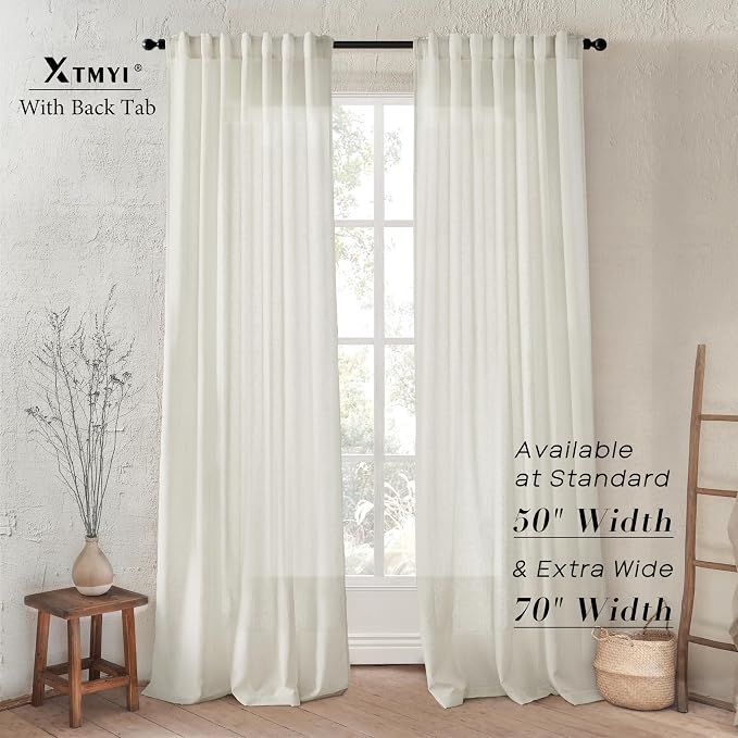 XTMYI Linen Drapery 92 Inch Curtains Length 2 Panels Set, Back Tab Sheer Window Curtains Living Room Bedroom, 50x92 Inches Long, Cream