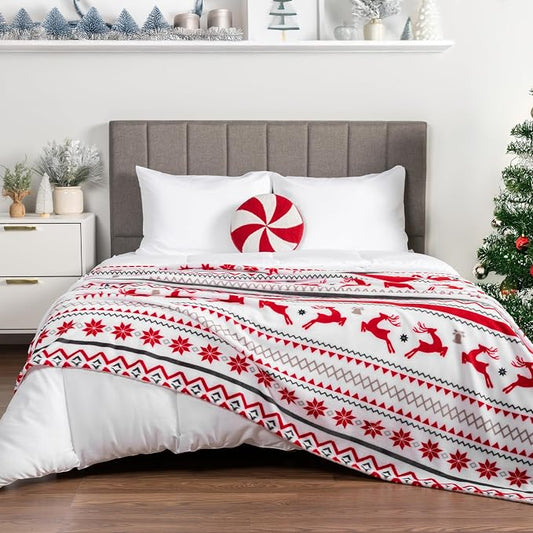 PAVILIA Christmas Throw Blanket | Holiday Christmas Reindeer Snowflakes Fleece Blanket | Soft, Plush, Warm Winter Cabin Throw,60x80 (White Reindeer)