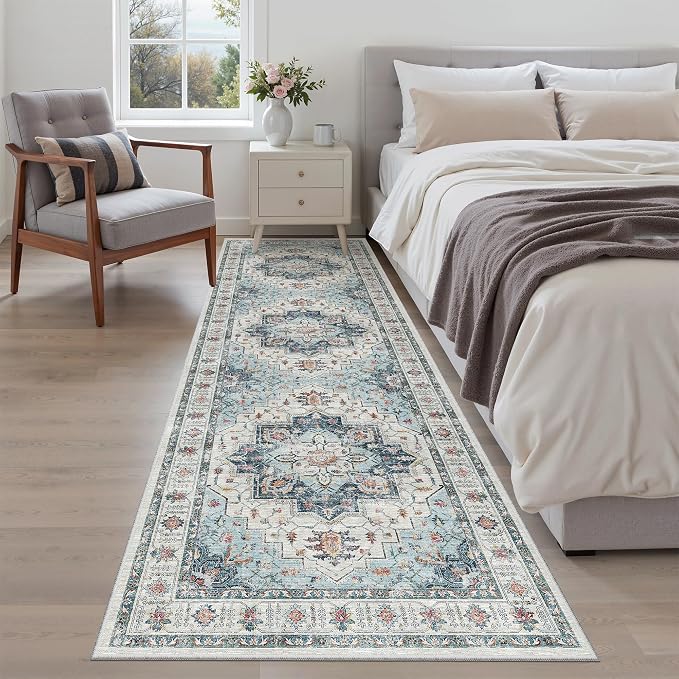 Madane Kitchen Runner 2'6''x8' Soft Rug Runners for Hallways, Blue | Vintage Machine Washable Rugs 2.5x8 Ft, Non-Slip Low Pile Stain-Resistant 8ft Floor Carpet for Laundry Room, Corridor