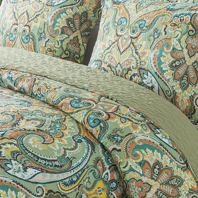 NEWLAKE Cotton Bedspread Quilt Sets - Reversible Patchwork Coverlet Set, European Green Floral Pattern, California King Size