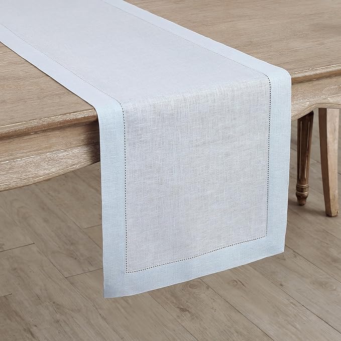 Solino Home 100% Pure Linen Table Runner Blue, Classic Hemstitch 14 x 72 in | a graceful centrepiece for dining and gatherings, hemstitched border, mitered corners, machine washable, OEKO-TEX Certified