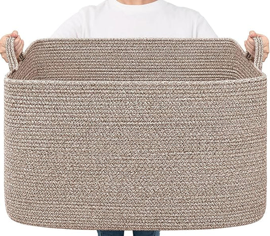 Goodpick 85L Large Woven Rope Blanket Basket, Rectangle, Brown | 23.6'' x 15.7'' x 13.8'' Storage Basket for Blankets, Toys & Clothes, Living Room & Bedroom Organization, Reinforced Handles