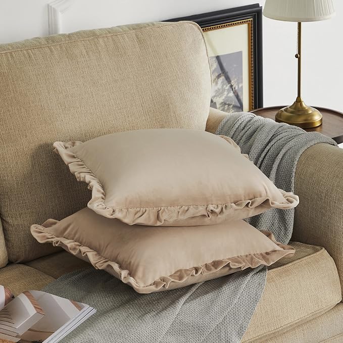 GIGIZAZA Champange Decorative Throw Pillow Covers, 18x18 Velvet Ruffle Cushion Pillow Covers for Sofa Couch Set of 2