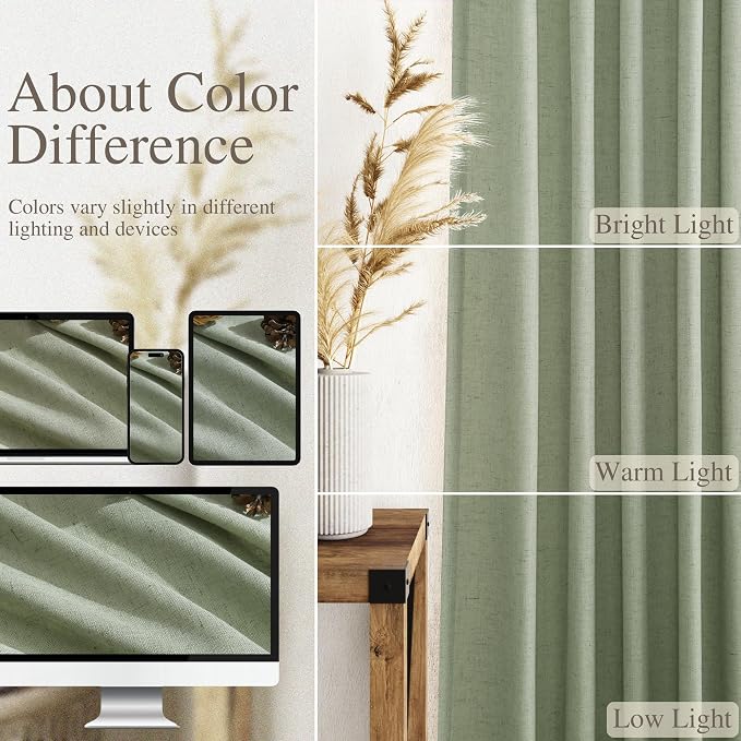 Light Sage Linen Curtains for Living Room 63 Inches Long 2 Panel Set Light Filtering Linen Drapes for Kitchen Windows Rod Pocket Back Tab Short See Through Curtain Country Farmhouse Decor 52x63
