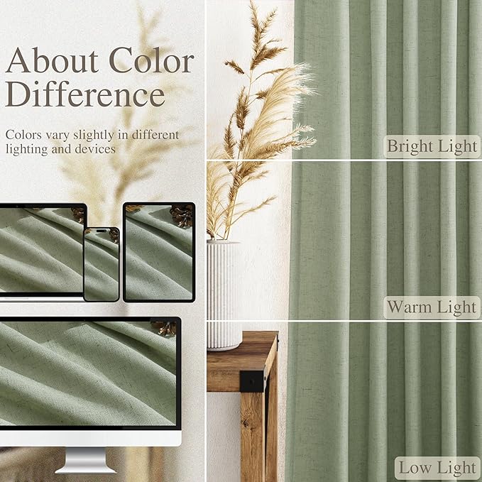 Light Sage Linen Curtains 90 Inch Long 2 Panels Set for Bedroom Living Room Light Sage Linen Textured Window Drapes Semi Sheer Light Filtering Rod Pocket Back Tab Farmhouse Curtain 52x90