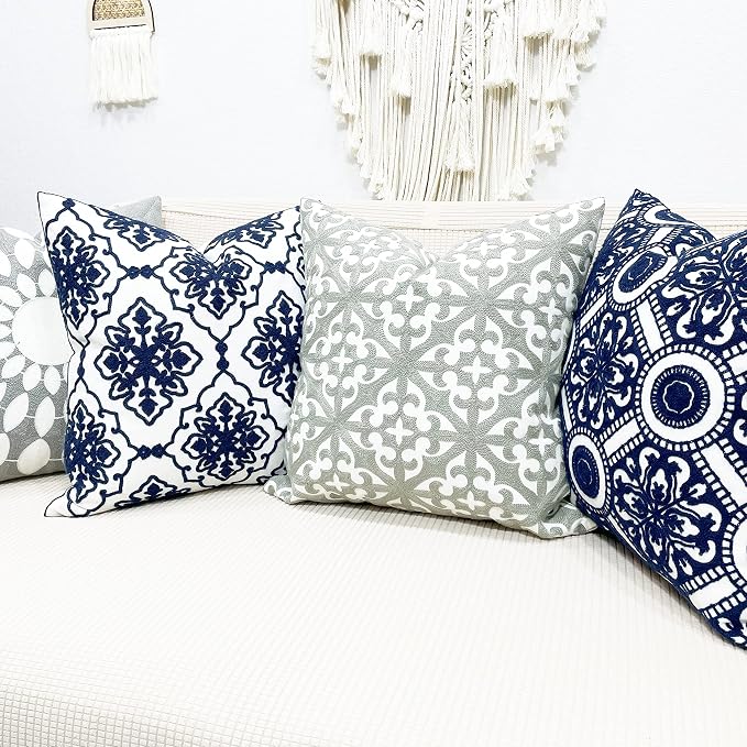 Slow Cow Embroidery Decorative Throw Pillow Cover Grey Kaleidoscope Design Pattern Cushion Cover 18 x 18 Inches