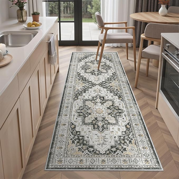 Madane Washable Runner Rug 2x6 Runners for Hallways Non Slip, Black | Vintage Stain-Resistant 6 Feet Kitchen Rug, Soft Low-Pile Ultra-Thin Floor Carpet Mat for Bathroom Laundry Room Bedroom 2x6ft